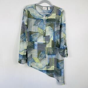 Chico's Top Small 0 4 Linear Lines Ali Asymmetric Woven Roll Tab Sleeve Tunic